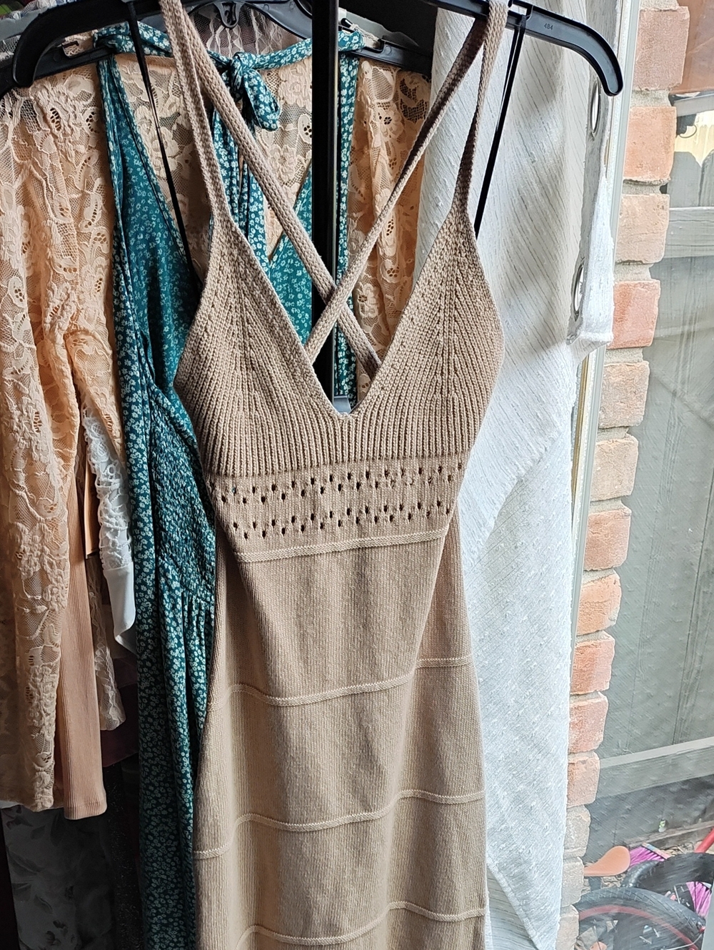 H&M Beige Knit Spaghetti-Strap Dress